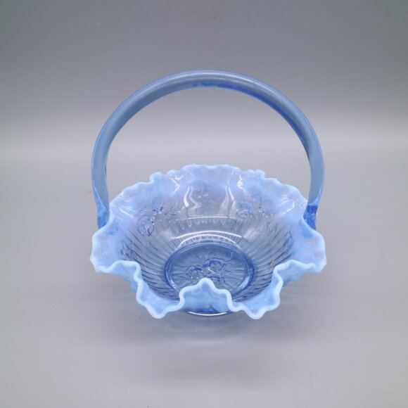 Fenton Glass Bride Basket Raffled Lavender Blue Opalescent Cabbage Rose Vintage - Picture 3 of 8